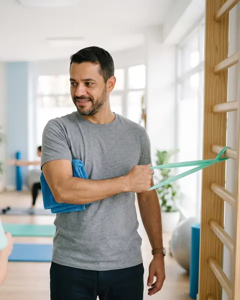 Marcos Tavares macht in der Physiotherapie eine Übung mit dem Gummiband